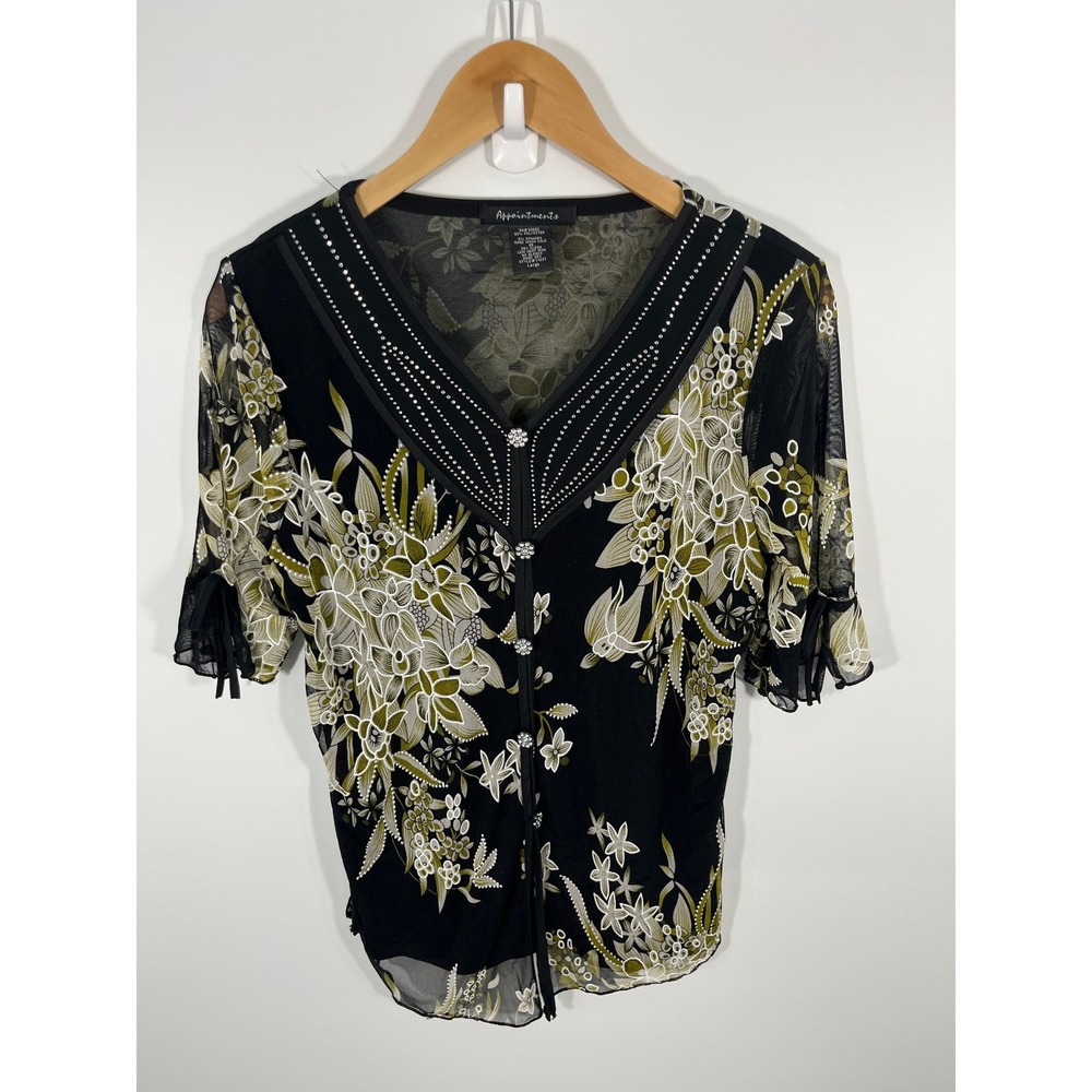 Vintage Artsy Fairy 90s Womens Top L‎ Black Floral Embellished Sheer
